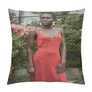 Personality  Attractive African American Girl With Short Hair In Red Dress Posing In Garden With Flowers  Pillow Covers