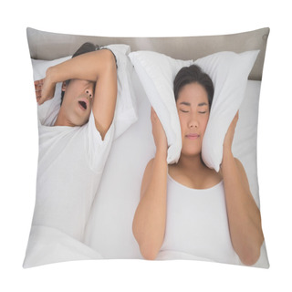 Personality  Annoyed Woman Covering Her Ears With Pillows To Block Out Snoring Pillow Covers