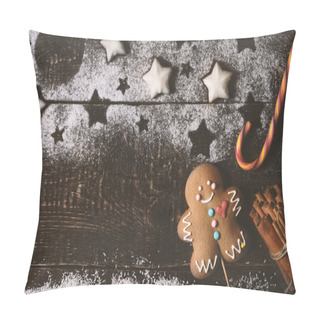 Personality  Christmas Composition With Gingerbread Man On The Wooden Table Top View Pillow Covers