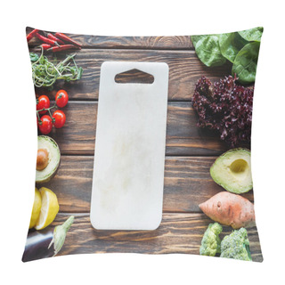Personality  Flat Lay With Empty Cutting Board And Fresh Vegetables Arranged Around On Wooden Tabletop Pillow Covers