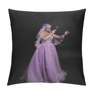 Personality  Full Length Portrait Of Girl Wearing Long Purple Fantasy Ball Gown With Crown And Pink Hair, Standing Pose Holding A Wand  Against A Studio Background. Pillow Covers