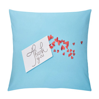 Personality  White Card With Thank You Lettering And Red Paper Hearts On Blue Background Pillow Covers
