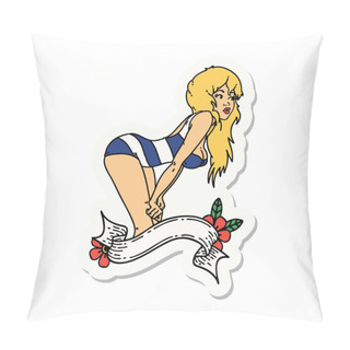 Personality  Sticker Of Tattoo In Traditional Style Of A Pinup Girl In Swimming Costume With Banner Pillow Covers