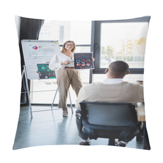 Personality  Cheerful Businesswoman In Glasses Showing Infographics To African American Man In Office  Pillow Covers