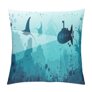 Personality  Underwater Panoramic Marine Wildlife. Silhouette Of Submarine Swimming Near The Mantas, Coral Reef And Fishes. Natural Vector Illustration And Underwater Sea Life. Pillow Covers