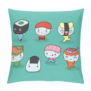 Personality  Set Of Funny Sushi Characters. Happy Cartoon Sushi Characters. Kawaii Sushi , Tasty Japanese Food Set. Asian Food Vector Illustration Isolated On Background Pillow Covers