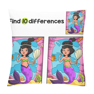 Personality  Find Or Spot The Differences On This Mermaid Holding A Shell Mirror Kids Activity Page. A Funny And Educational Puzzle-matching Game For Children. Pillow Covers