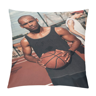 Personality  Serious Young African Man In Sports Clothing Looking At Camera And Holding Basketball Ball Pillow Covers