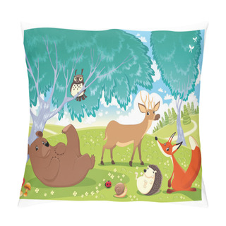 Personality  Animals In The Wood. Animal, Autumn, Background, Bear, Bird, Childhood, Cloud, Color, Daisy, Deer, Fable, Fairy, Fauna, Flower, Forest, Fox, Grass, Hedgehog, Illustration, Isolated, Ladybird, Ladybug, Pillow Covers