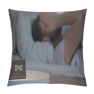 Personality  Clock On Bedside Table Near Blurred Man On Bed At Night  Pillow Covers