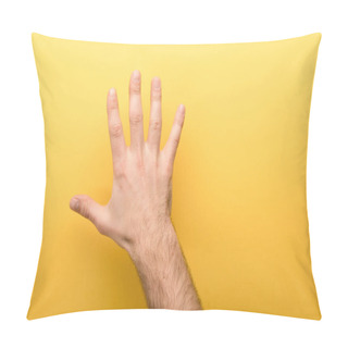 Personality  Cropped View Of Man Showing Five Fingers On Yellow Background  Pillow Covers