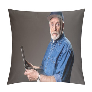 Personality  Confused Male Pensioner With Laptop Pillow Covers