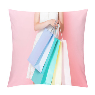 Personality  Cropped View Of Young Woman Holding Shopping Bags On Pink  Pillow Covers