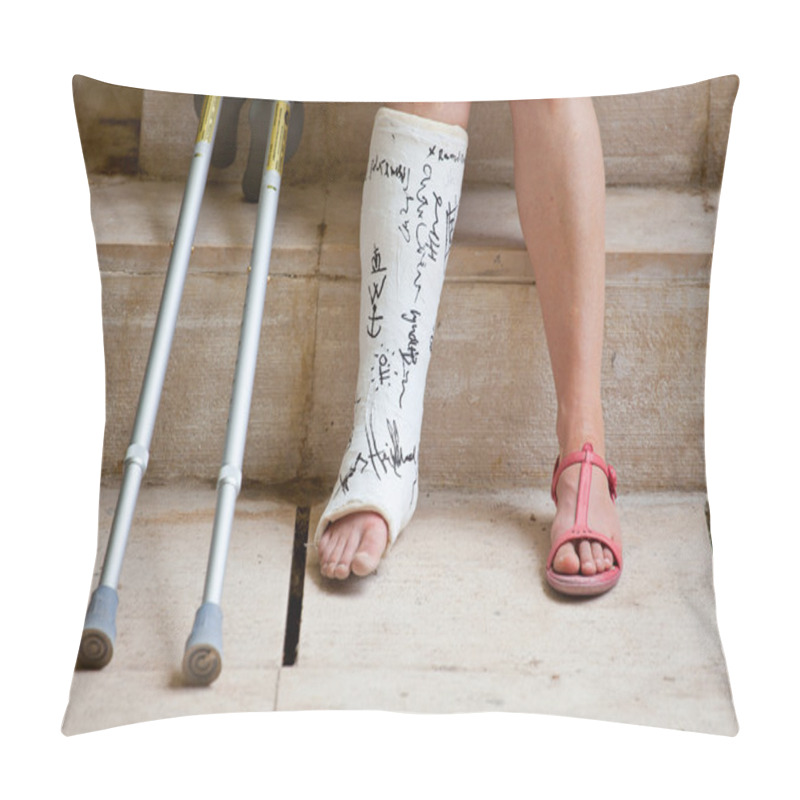 Personality  Woman with leg in plaster pillow covers