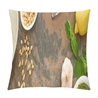 Personality  Top View Of Pesto Sauce Ingredients And Grater On Stone Surface, Panoramic Shot Pillow Covers