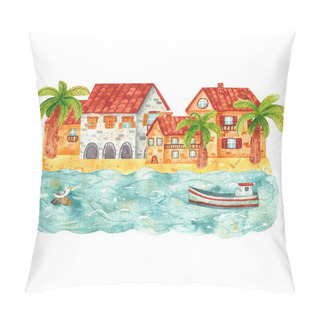 Personality  Cozy Hand Drawn Cartoon Watercolor Houses Of City By The Sea. Beautiful Brick Mediterranean Buildings On The Shore. Illustration Of Landscape, Nature, Summer Holiday Pillow Covers