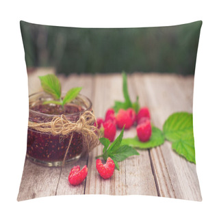 Personality  Raspberry Jam In A Jar And Fresh Berries On The Wooden Table Pillow Covers