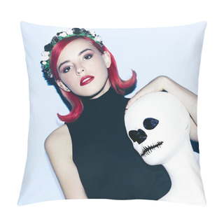Personality Girl Gothic Style With Floral Wreath Red Hair And Stylish Manneq Pillow Covers