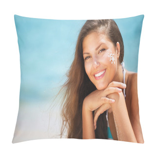 Personality  Beautiful Happy Girl Applying Sun Tan Cream On Her Face Pillow Covers