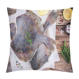 Personality  Raw Flounder Fish, Flatfish On Wooden Table Pillow Covers