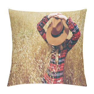 Personality  Young Blonde Woman Wearing Brown Hat Posing In Yellow Field Of Wheat  Pillow Covers