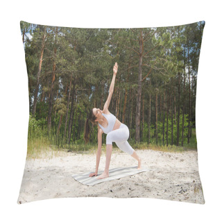 Personality  Full Length Of Happy Young Woman Doing Lunge Twist On Yoga Mat In Forest  Pillow Covers