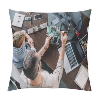 Personality  High Angle View Of Father And Son Soldering Circuit Board With Soldering Iron At Home Pillow Covers