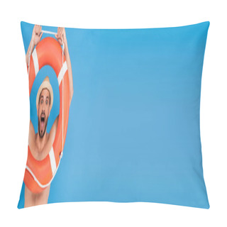 Personality  Amazed Shirtless Man Holding Life Buoy Isolated On Blue, Banner  Pillow Covers
