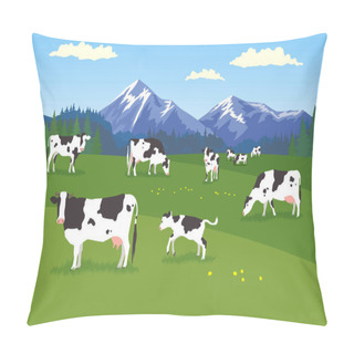 Personality  Landscape With Forest, Meadow, Mountains And Pasturing Herb Of Cows In Various Poses (Horizontal Landscape With Blue, Green Beautiful Natural View Of Serenely Grazing Cows) Pillow Covers