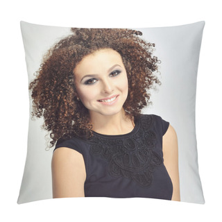 Personality  Portrait Of A Smiling Curly Haired Woman Pillow Covers