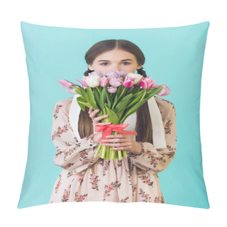 Personality  Attractive Girl In Summer Dress Holding Bouquet Of Tulips, Isolated On Blue Pillow Covers