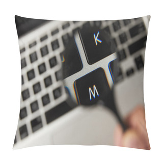 Personality  Close-up View Of Magnifying Glass And Laptop Keyboard, Selective Focus Pillow Covers