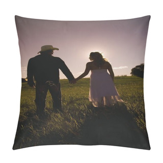 Personality  Man And Woman Walking Hand-In-Hand In Field In Sunset Pillow Covers