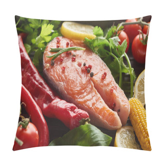 Personality  Raw Salmon Steak With Spices, Vegetables And Greenery Pillow Covers