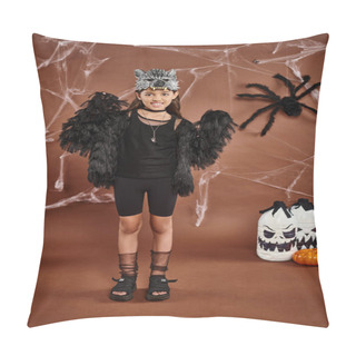 Personality  Cute Girl In Black Attire And Mask Scaring Among Spiders, Lanterns And Cobwebs, Halloween Concept Pillow Covers