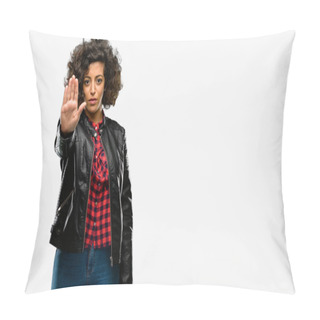 Personality  Beautiful Arab Woman Annoyed With Bad Attitude Making Stop Sign With Hand, Saying No, Expressing Security, Defense Or Restriction, Maybe Pushing Pillow Covers