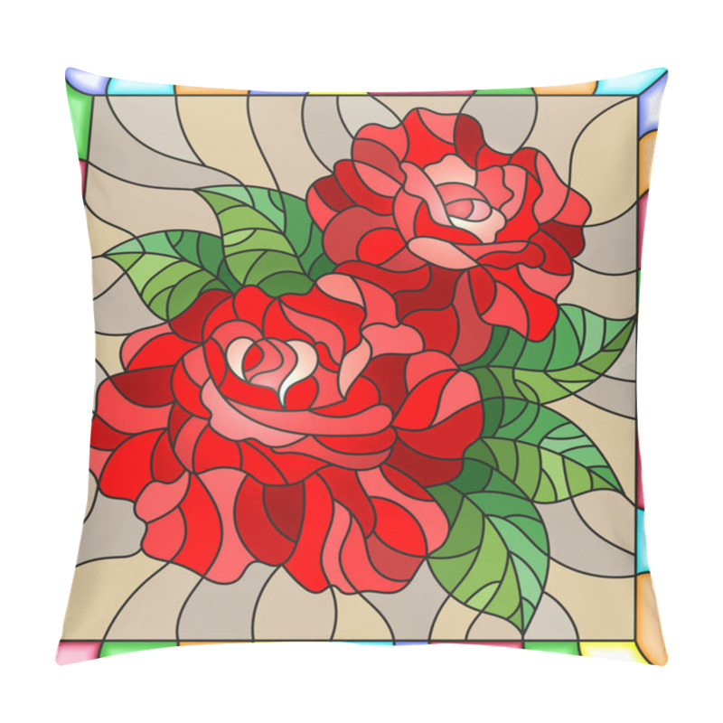 Personality  Illustration in stained glass style with flowers and leaves of  red rose on brown background in a bright a frame pillow covers