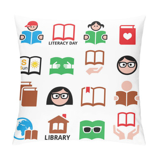 Personality  Children And Adults Reading Books, International Literacy Day Icons Pillow Covers