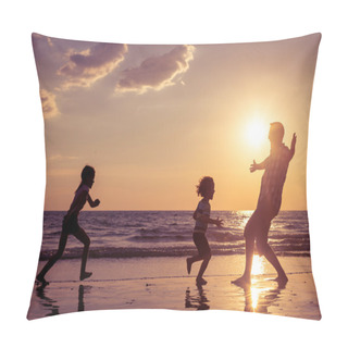 Personality  Father And Children Playing On The Beach At The Sunset Time. Pillow Covers