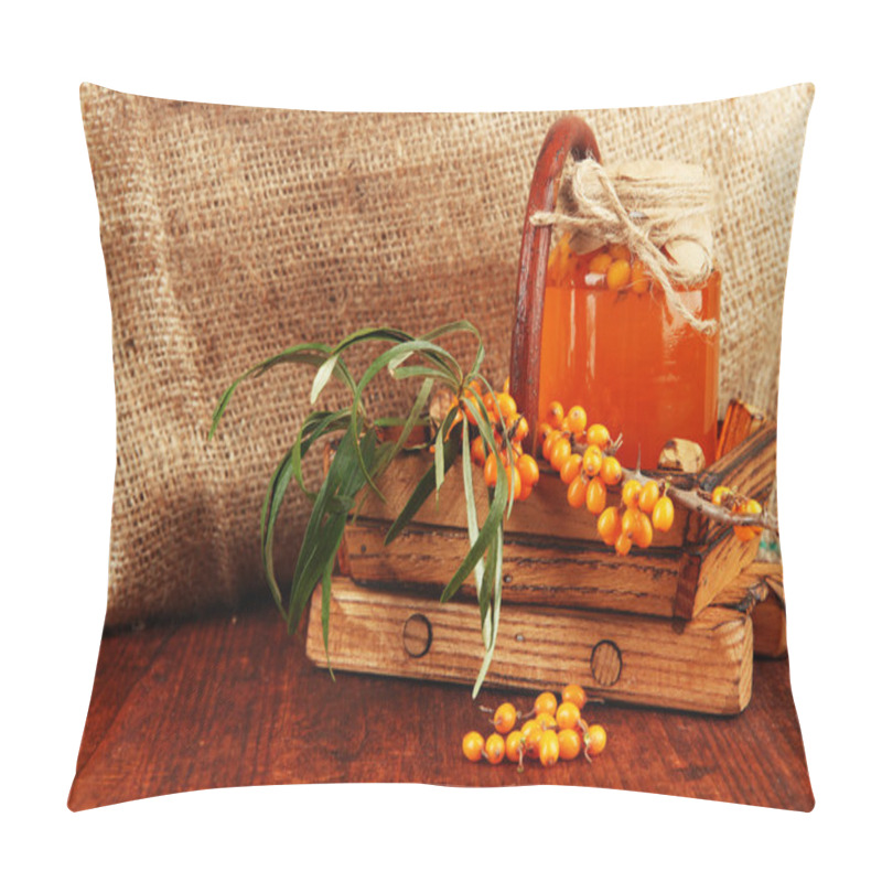 Personality  Branch Of Sea Buckthorn With Jam On Table On Sackcloth Background Pillow Covers