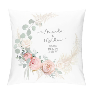 Personality  Pink And Garden Roses, Dried Leaves, Eucalyptus Vector Design Round Invitation Frame Pillow Covers