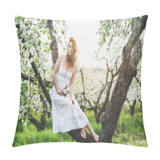 Personality  Portrait Of Beautiful Romantic Lady In Apple Trees Blossoms Pillow Covers