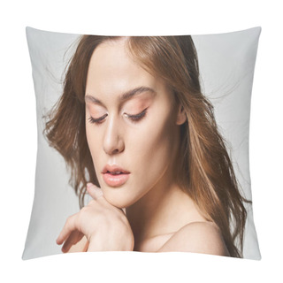 Personality  Beauty Portrait Of Female Young Face With Natural Skin, Looking Down With Hands Near Her Chin Pillow Covers