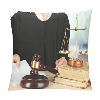Personality  Judge Sitting At Table During Court Hearings On Room Background Pillow Covers