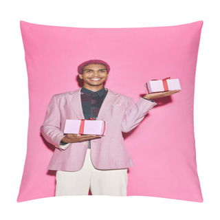 Personality  Cheerful Young Male Model Posing With Presents In Hands On Pink Backdrop, Acting Like Doll Pillow Covers