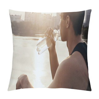 Personality  Young Bi-racial Man Drinking Water Over River At Dawn Pillow Covers