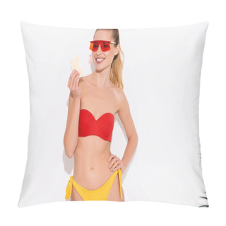 Personality  Cheerful Woman In Swimsuit And Sunglasses Holding Ice Cream While Standing With Hand On Hip On White Pillow Covers