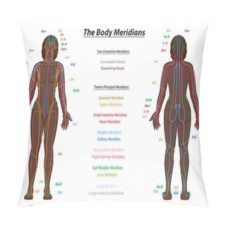 Personality  MERIDIAN SYSTEM CHART, Black Woman, Female Body With Labelled Meridians - Anterior And Posterior View - Traditional Chinese Medicine. Pillow Covers