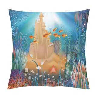 Personality  Underwater World Wallpaper With Sandcastle, Vector Illustration Pillow Covers
