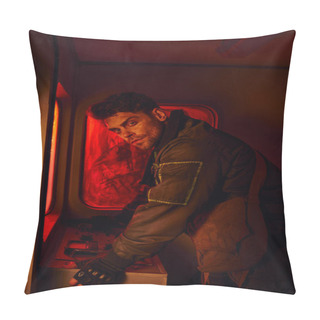 Personality  Unshaven Man Looking At Camera Near Dashboard Of Abandoned Carriage In Post-apocalyptic Subway Pillow Covers